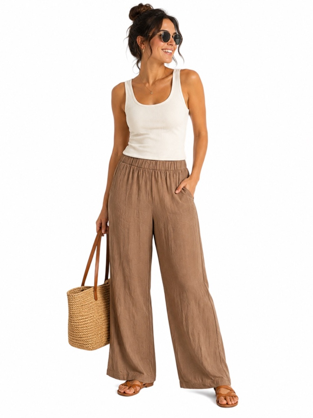 Splendid Wide Leg Linen Blend Pants Brown Relaxed Resort Coastal Medium